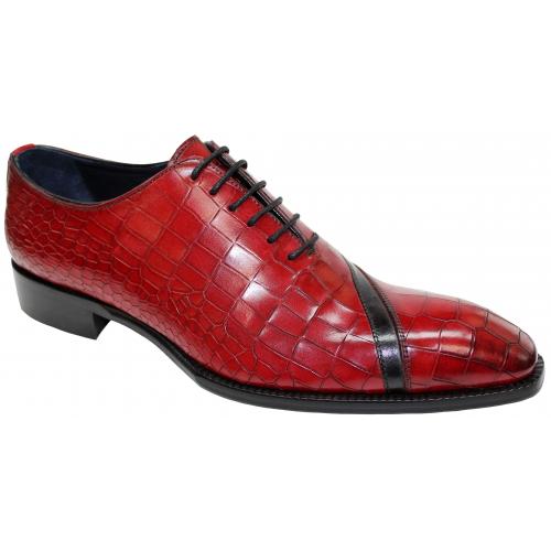 Duca Di Matiste "Torre" Red / Black Genuine Italian Calfskin / Crocodile Print Lace-Up Oxford Shoes.